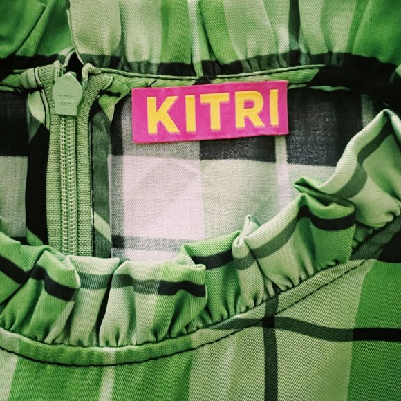 KITRI Elsa Frill Neck Green Check Midi Dress Size 2 - Picture 4 of 6